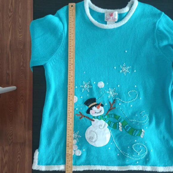 QUACKER FACTORY WOMEN'S LIGHT UP CHRISTMAS SWEATER TURQUOISE WHITE SNOWMAN LARGE - Picture 4 of 6